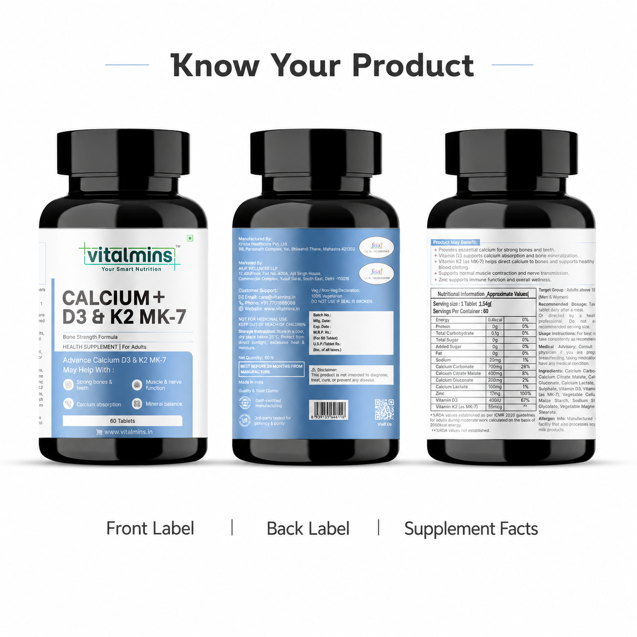 Vitalmins Calcium with D3 & K2 MK-7 Tablets