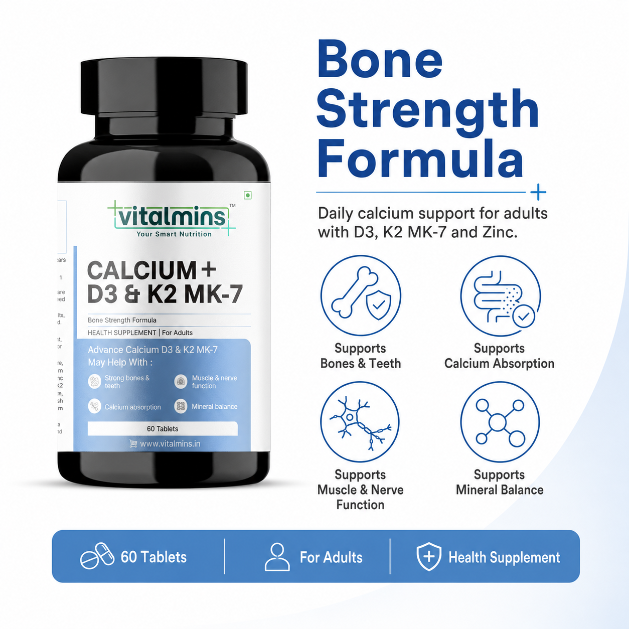 Vitalmins Calcium with D3 & K2 MK-7 Tablets