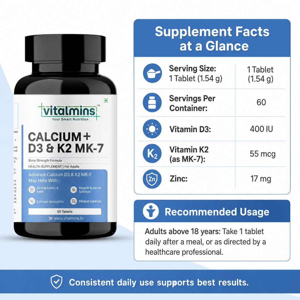 Vitalmins Calcium with D3 & K2 MK-7 Tablets